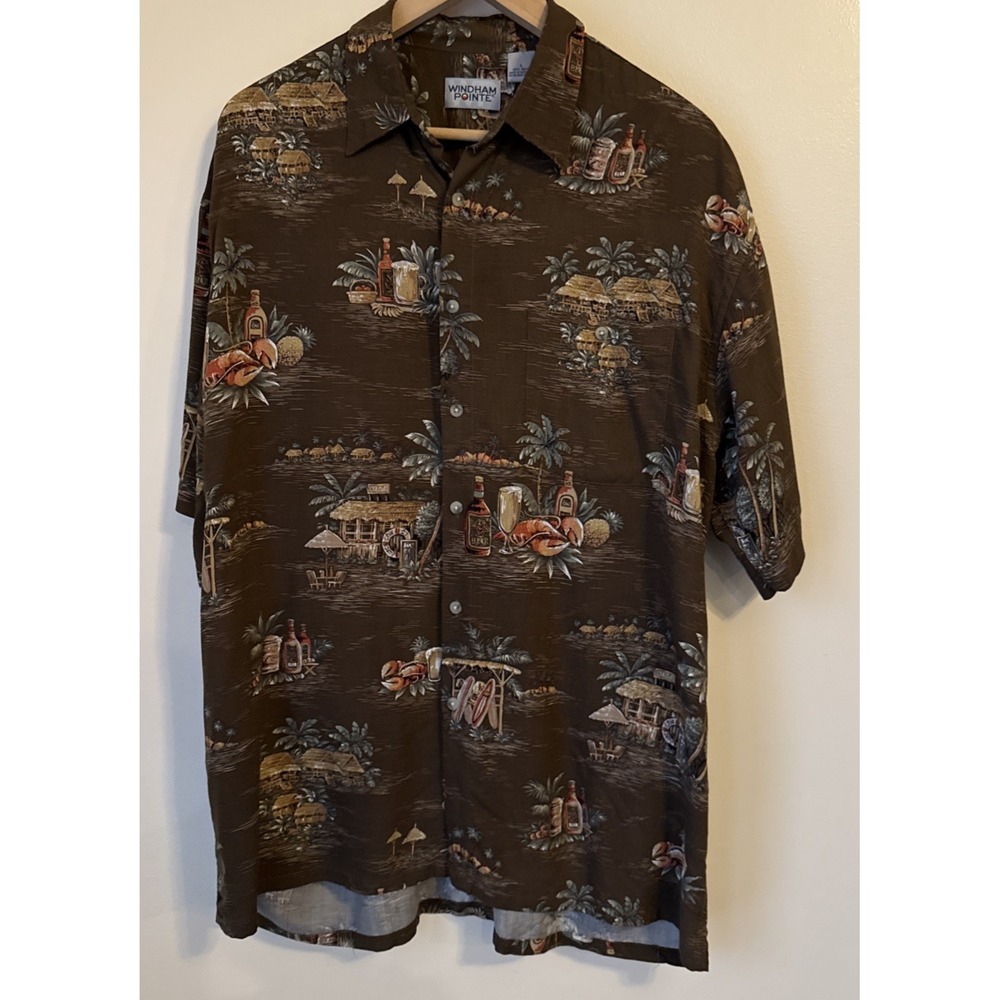 Vintage Windham Pointe Mens Button Down Top Hawaiian Shirt Size L Brown Graphic